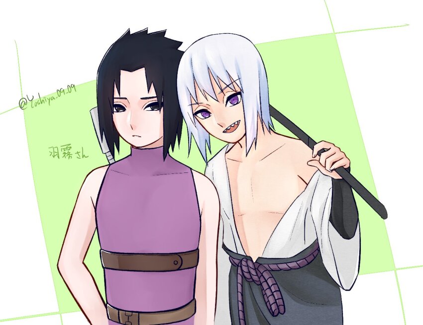 belt black_eyes black_hair brown_belt cosplay costume_switch fingerless_gloves gloves hand_on_own_hip holding holding_weapon hoozuki_suigetsu jacket jacket_partially_removed japanese_text leaning_on_person long_glove matching_hair/eyes multiple_boys naruto_(series) naruto_shippuuden purple_eyes purple_shirt rope_belt sharp_teeth shirt sleeveless sleeveless_shirt smile spiked_hair teeth translation_request uchiha_sasuke weapon weapon_on_back white_shirt yoshiya0909
