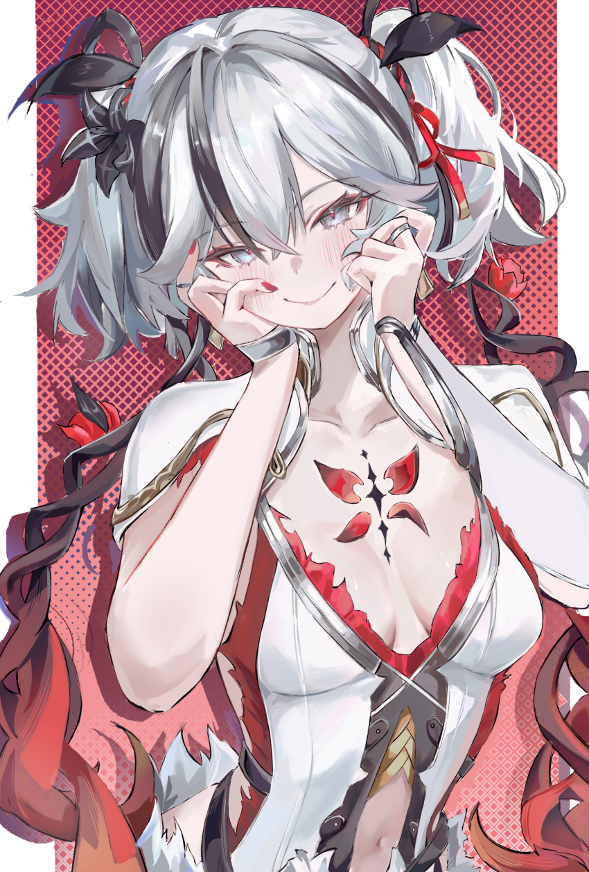 1girl black_hair blush border breasts camellya_(wuthering_waves) cleavage clothing_cutout corset cropped_torso double_helix grey_eyes grid_background hands_on_own_cheeks hands_on_own_face highres jewelry looking_at_viewer medium_breasts medium_hair multicolored_hair navel navel_cutout origonz red_background red_ribbon ribbon ring short_twintails smile twintails upper_body white_border white_corset white_hair wuthering_waves