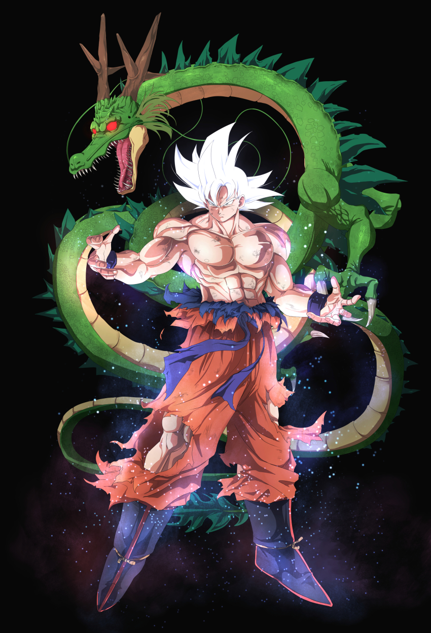 10s absurdres dragon dragon_ball dragon_ball_super greymon_(nodoame1215) highres muscular pectorals saiyan shenron son_goku spiked_hair topless_male torn_clothes ultra_instinct white_hair