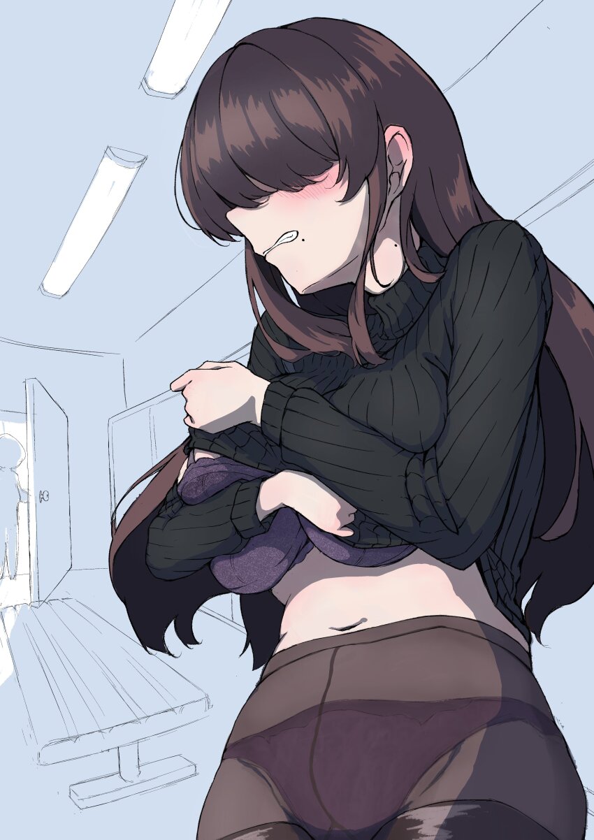 1girl absurdres belly black_pantyhose blush bra breasts caught crotch_seam embarrassed grabbing_own_breast highres kaba_881 kakure_meme kimi_no_koto_ga_dai_dai_dai_dai_daisuki_na_100-nin_no_kanojo large_breasts long_hair mole mole_on_neck mole_under_mouth navel opening_door panties pantyhose underwear walk-in