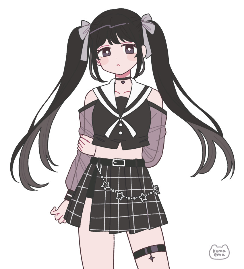 1girl arm_behind_back black_choker black_eyes black_hair black_skirt bright_pupils choker cowboy_shot emma_(kumaema) expressionless highres long_hair long_sleeves midriff original plaid_clothes plaid_skirt see-through_clothes see-through_sleeves signature simple_background skirt solo twintails very_long_hair white_background white_pupils