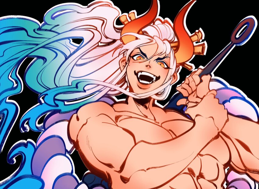 1boy abs fangs genderswap highres horns long_hair looking_at_viewer multicolored_hair muscular muscular_arms muscular_male one_piece open_mouth pectorals smile solo vanxllavina white_hair yamato_(one_piece)