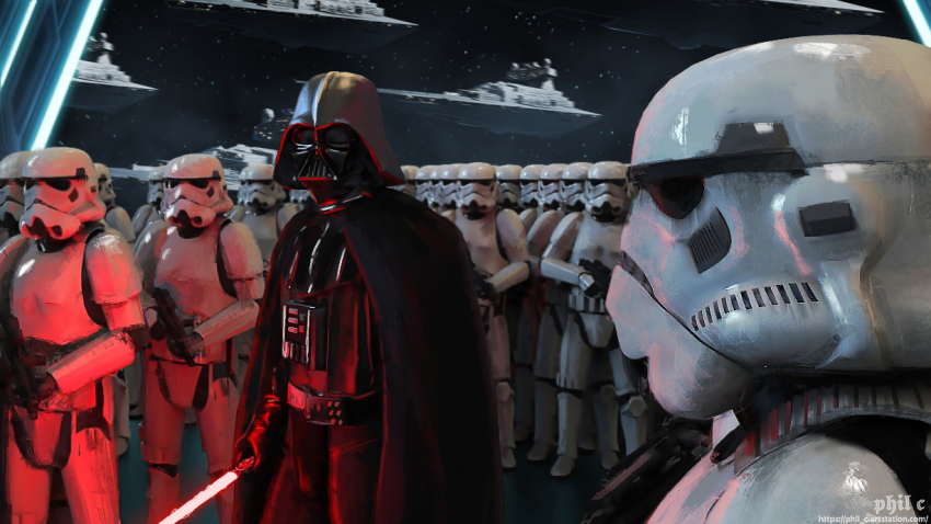 6+boys artist_name bad_id bad_pixiv_id black_cape cape commentary darth_vader energy_sword full_body gun helm helmet holding holding_gun holding_weapon lightsaber looking_at_viewer male_focus multiple_boys phil_c photorealistic pilot_suit realistic sky space spacecraft star_(sky) star_destroyer star_wars starry_sky stormtrooper sword watermark weapon web_address