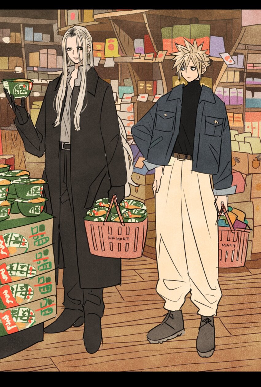 2boys baggy_pants belt belt_buckle black_belt black_coat black_footwear black_gloves black_pants black_shirt brown_belt buckle cloud_strife coat collared_shirt contemporary final_fantasy final_fantasy_vii full_body gloves grey_hair grey_jacket grey_shirt groceries grocery_store hair_between_eyes hand_on_own_hip highres jacket letterboxed long_bangs long_coat long_hair looking_at_another male_focus merchandise multiple_boys nissin_donbei panties pants parted_bangs sephiroth shirt short_hair spiked_hair standing takeuchi_ryousuke turtleneck underwear white_panties wooden_floor