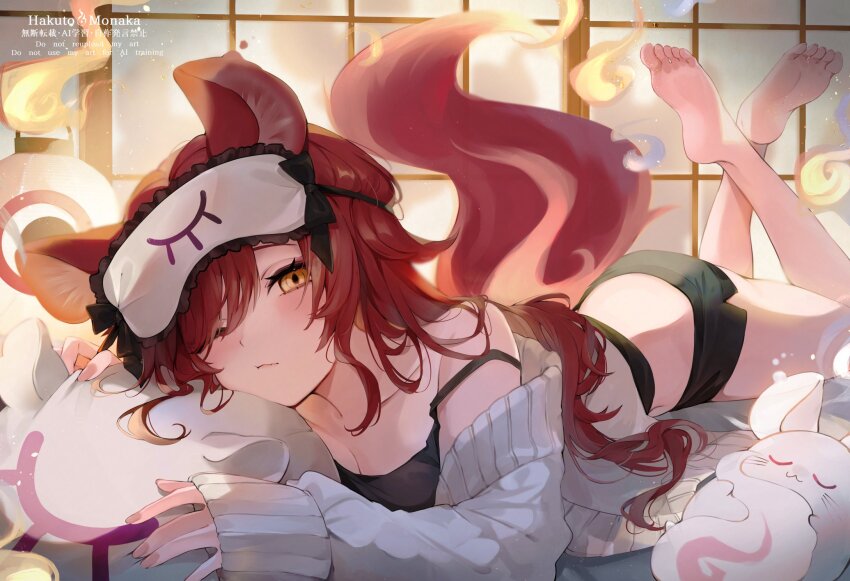 1girl animal_ears barefoot black_shorts blindfold blindfold_lift crossed_ankles fox_tail highres kairi630 lying on_stomach one_eye_closed original red_hair shorts sleeves_past_wrists solo tail the_pose