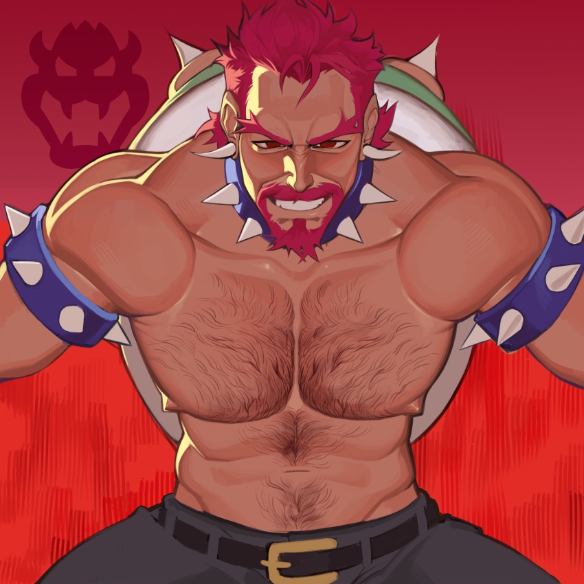 0puggo 1boy abs absurdres bara beard bowser bowser_logo come_hither cowboy_shot evil_smile facial_hair grin hairy highres humanization large_pectorals leaning_forward looking_at_viewer male_focus mario_(series) mature_male muscular muscular_male navel navel_hair nintendo nipples pectorals red_hair short_hair silhouette smile solo stomach thick_beard thick_chest_hair thick_eyebrows topless_male wrinkled_skin