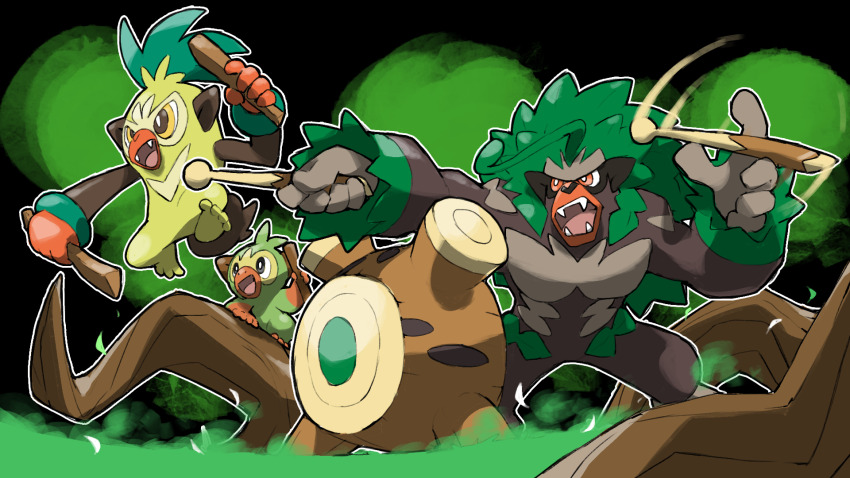 :d animal_focus ape black_background blacknirrow creatures_(company) drum drumsticks evolutionary_line fangs game_freak gen_8_pokemon grookey highres holding holding_drumsticks holding_stick instrument nintendo no_humans open_mouth orange_eyes outline plant_roots pokemon pokemon_(creature) pokemon_focus rillaboom smile stick thwackey white_outline yellow_eyes
