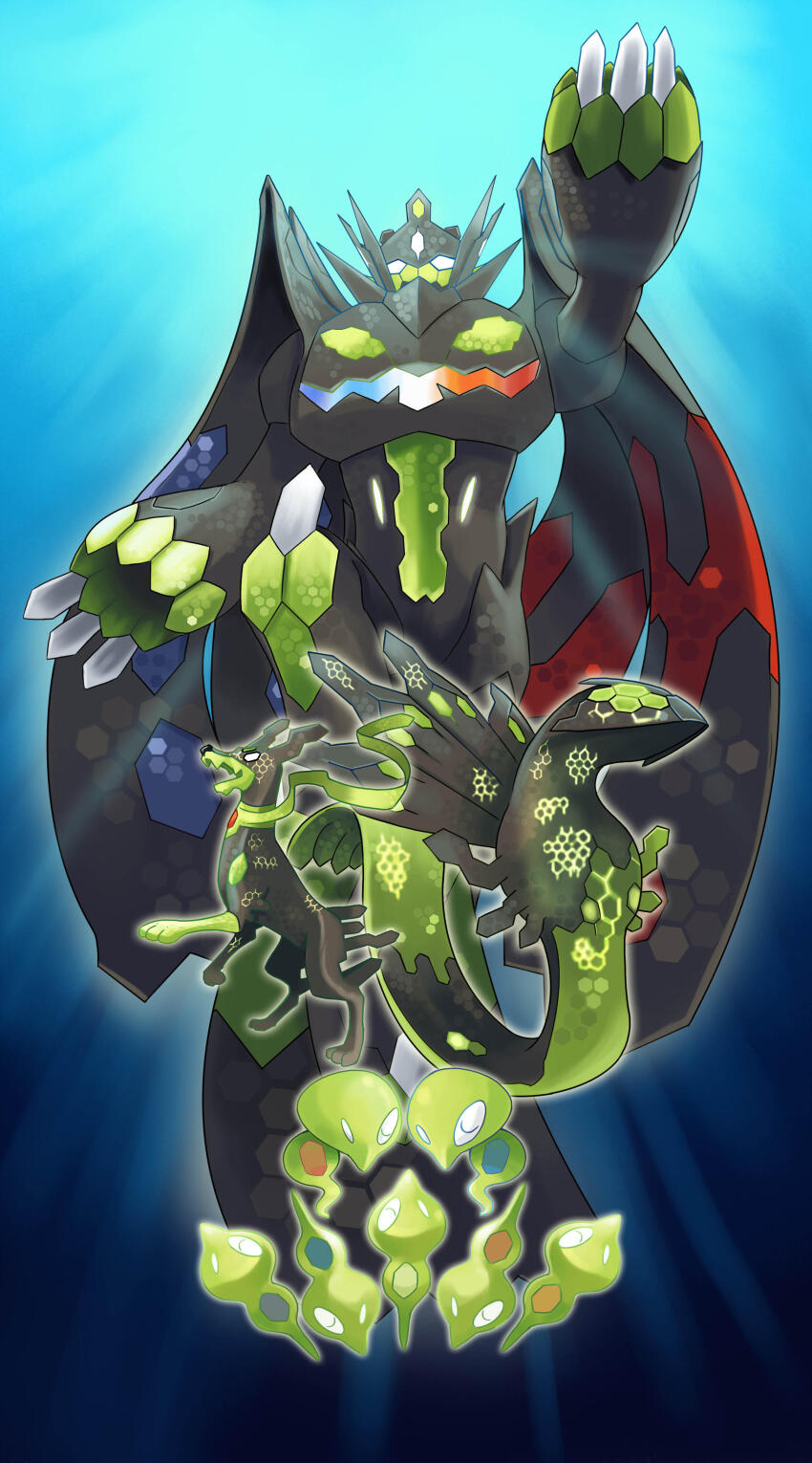 absurdres arm_up blue_background closed_eyes commentary dog dragon english_commentary gen_6_pokemon glowing highres legendary_pokemon nintendo no_humans open_mouth pokemon pokemon_(creature) reaching zacharybla zygarde zygarde_(10) zygarde_(50) zygarde_(complete) zygarde_cell zygarde_core