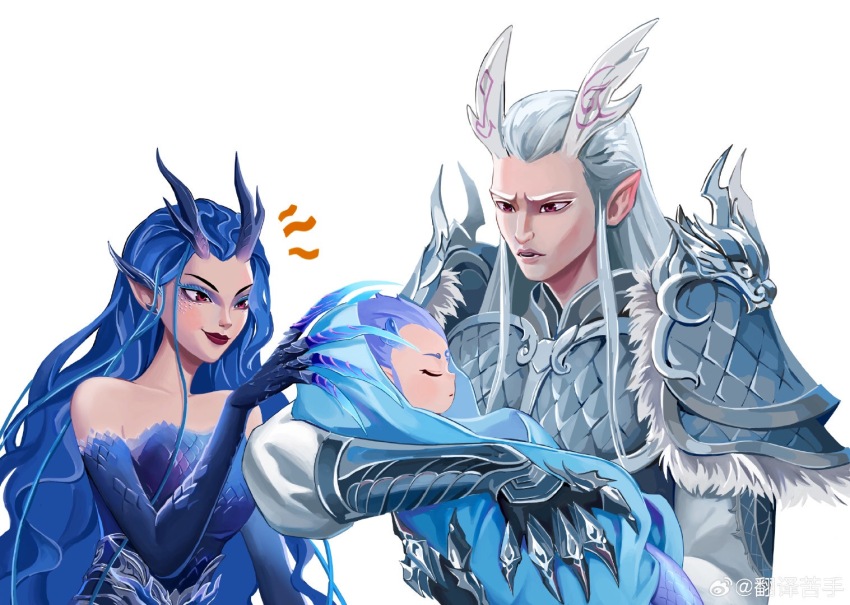 1girl 2boys ao_bing_(nezha_zhi_motong_jiangshi) ao_guang_(nezha_zhi_motong_jiangshi) ao_run_(nezha_zhi_motong_jiangshi) aunt_and_nephew baby blue_claws blue_hair brother_and_sister dragon_boy dragon_girl dragon_horns father_and_son horns long_hair multiple_boys nezha_zhi_motong_jiangshi red_eyes siblings sleeping very_long_hair white_hair xinjinjumin669053757294