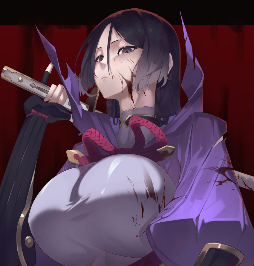 1girl absurdres blood bodysuit breasts fate/grand_order fate_(series) highres large_breasts looking_down meme minamoto_no_raikou_(fate) purple_eyes purple_hair simple_background slob_slime solo sword weapon
