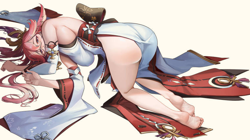 1girl absurdres all_fours animal_ears ass barefoot breasts cy9 detached_sleeves dress feet floral_print from_behind full_body genshin_impact hair_between_eyes hair_ornament highres large_breasts long_hair long_sleeves looking_at_viewer nail_polish pink_hair purple_eyes sideboob simple_background soles solo toes white_background white_dress yae_miko