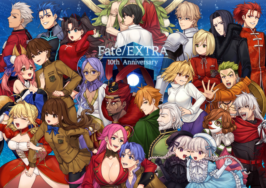 6+boys 6+girls absurdres ahoge air_bubble alice_(fate) animal_ear_fluff animal_ears anniversary archer_(fate) arcueid_brunestud arcueid_brunestud_(berserker) arm_around_neck armlet armor bare_shoulders beard belt bindi black-framed_eyewear black_armor black_bow black_bowtie black_dress black_gloves black_hair black_hat black_jacket black_pantyhose black_ribbon blonde_hair blue_bow blue_bowtie blue_dress blue_eyes blue_hair blue_kimono blue_ribbon bow bowtie bracelet braid braided_bun breasts brown_eyes brown_hair brown_jacket brown_pants brown_skirt bubble cape cheek-to-cheek chinese_clothes cleavage clenched_teeth closed_eyes closed_mouth clown_mask copyright_name crossed_arms cu_chulainn_(fate) cu_chulainn_(fate/extra) dan_blackmore dark-skinned_female dark-skinned_male dark_skin detached_sleeves doll_joints dress earrings epaulettes everyone eyeliner facial_hair fate/extra fate_(series) fox_ears fox_girl fox_tail francis_drake_(fate) fur-trimmed_jacket fur_trim gatou_monji gawain_(fate) glasses gloves goatee gold_trim gradient_hair green_cape green_eyes green_hair green_shirt grey_eyes grin hair_between_eyes hair_bow hair_bun hair_intakes hair_over_shoulder hair_ribbon hair_slicked_back hand_on_another&#039;s_chest hand_up happy hat hat_ribbon heads_together highres hoop_earrings jacket japanese_clothes jewelry joints julius_belkisk_harway karokuchitose kimono kishinami_hakuno_(female) kishinami_hakuno_(male) large_breasts leaf leonard_bistario_harway li_shuwen_(fate) li_shuwen_(young)_(fate) light_blush locked_arms long_hair long_sleeves looking_at_another looking_at_viewer lu_bu_(fate) makeup mask matou_shinji_(fate/extra) multicolored_hair multiple_boys multiple_girls neck_ribbon nero_claudius_(fate) nero_claudius_(fate/extra) nursery_rhyme_(fate) one_eye_closed orange_hair orange_jacket outstretched_arm pants pantyhose parted_bangs pauldrons pink_hair pleated_skirt ponytail ponytail_holder purple_brooch purple_eyes purple_hair purple_shirt purple_skirt purple_thighhighs rani_viii red_belt red_cape red_dress red_eyeliner red_eyes red_hair red_jacket red_ribbon red_shirt ribbon robin_hood_(fate) run_ru saver_(fate/extra) scar scar_on_face school_uniform shirt short_hair shoulder_armor skirt sleeves_past_wrists smile striped_bow striped_bowtie striped_clothes sweatdrop sweater tail tamamo_(fate) tamamo_no_mae_(fate) teeth thighhighs tohsaka_rin_(fate/extra) tsukumihara_academy_uniform_(fate/extra) turtleneck twice_h_pieceman twintails two_side_up v-neck vlad_iii_(fate/extra) white_bow white_bowtie white_hair white_hat white_jacket white_ribbon white_shirt white_sweater yellow-framed_eyewear yellow_eyes