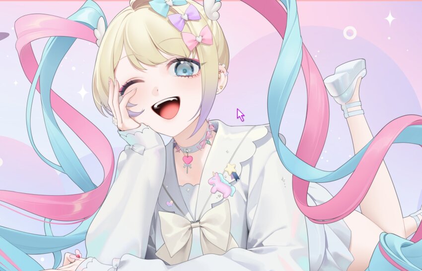 1girl ;d blonde_hair blue_bow blue_choker blue_eyes blue_hair blue_shirt blue_shoes blue_skirt bow bowtie choker chouzetsusaikawa_tenshi-chan collared_shirt curly_hair cursor ear_piercing earrings elbow_rest eyeshadow frilled_shirt_collar frills gradient_hair hair_bow hair_ornament hand_on_own_cheek hand_on_own_face heart heart_choker high_heels highres holographic_clothing jewelry leg_up long_hair long_sleeves looking_at_viewer lying makeup multicolored_hair multicolored_nails multiple_hair_bows nail_art nail_polish needy_girl_overdose official_art ohisashiburi on_stomach one_eye_closed open_mouth piercing pin pink_bow pink_eyeshadow pink_hair pleated_skirt pumps purple_bow purple_hair quad_tails ring sailor_collar shirt shoes single_hair_intake single_sidelock skirt sleeve_bow sleeves_past_wrists smile solo sparkle spike_piercing spiked_choker spikes swept_bangs transparent_background very_long_hair white_nails wing_hair_ornament yellow_bow yume_kawaii