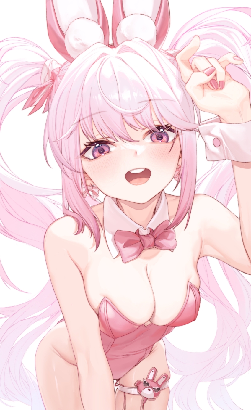 1girl :d absurdres alice_(nikke) alice_(wonderland_bunny)_(nikke) animal_ears bare_shoulders blush breasts carrot_hair_ornament cleavage collarbone cyta_celest detached_collar earrings fake_animal_ears food-themed_hair_ornament goddess_of_victory:_nikke hair_between_eyes hair_intakes hair_ornament highres jewelry leaning_forward leotard long_hair looking_at_viewer medium_breasts nail_polish open_mouth pink_eyes pink_hair pink_leotard pink_nails playboy_bunny rabbit_ears sidelocks skindentation smile solo strapless strapless_leotard thigh_gap twintails