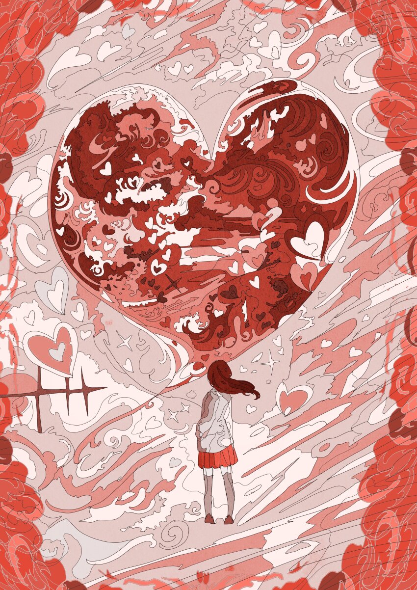 1girl absurdres black_shoes four-pointed_star from_behind full_body grey_sweater grey_thighhighs hato_(n_hat_mu) heart highres legs_apart ligne_claire long_sleeves medium_hair original pleated_skirt red_skirt red_theme shoes skirt solo standing star_(symbol) sweater thighhighs valentine
