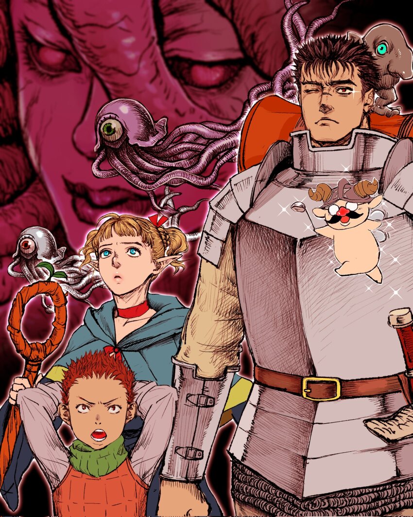 3boys armor berserk blonde_hair blue_eyes character_request chilchuck_tims closed_mouth cowboy_shot dungeon_meshi elf green_scarf guts_(berserk) hand_up helmet highres holding holding_staff laios_touden marcille_donato multiple_boys nisino2222 one_eye_closed open_mouth pointy_ears red_eyes scar scar_on_face scar_on_nose scarf senshi_(dungeon_meshi) short_hair sparkle staff upper_body