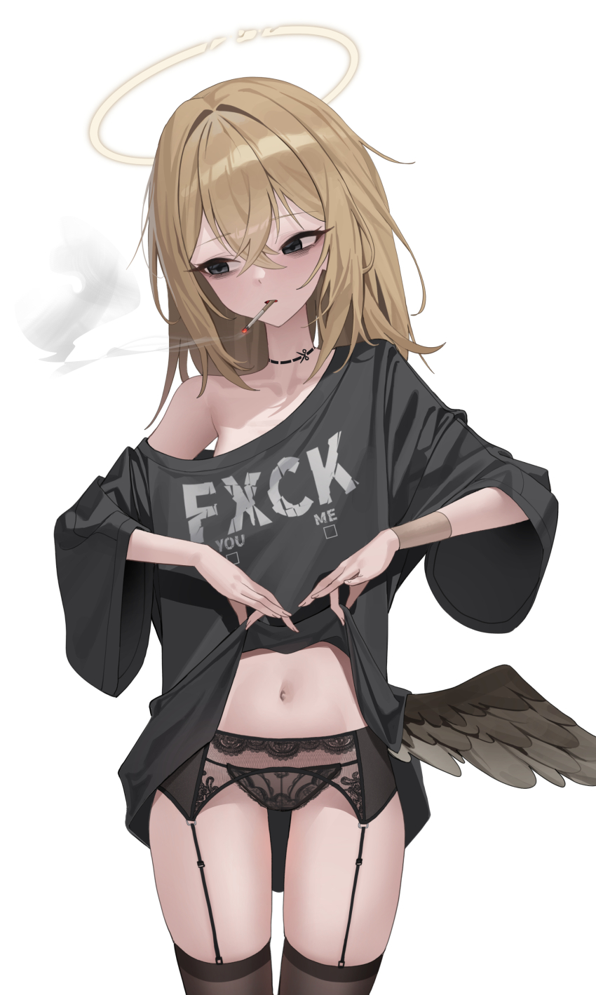 1girl absurdres bags_under_eyes bare_shoulders black_eyes black_panties black_shirt blonde_hair brown_thighhighs cigarette clothes_lift cowboy_shot cut-here_line fuck-me_shirt garter_belt halo highres lace lace-trimmed_panties lace_trim lifting_own_clothes looking_to_the_side low_wings mansu_(user_pnmp4287) meme_attire navel no_pants off_shoulder original oversized_clothes oversized_shirt panties print_shirt profanity shirt shirt_lift simple_background single_wing smoking solo string_panties t-shirt thighhighs thighs underwear white_background wide_sleeves wings