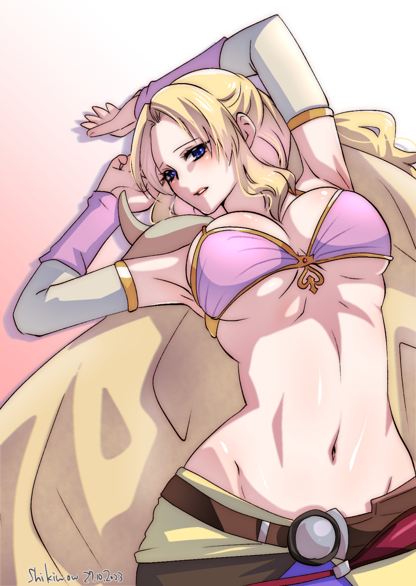 1girl arms_up blonde_hair blue_eyes blush bra breasts brown_cape cape cleavage dated final_fantasy final_fantasy_iv gauntlets highres large_breasts lips long_hair looking_at_viewer midriff navel open_mouth purple_bra rosa_farrell shikiwo signature simple_background solo stomach underboob underwear upper_body