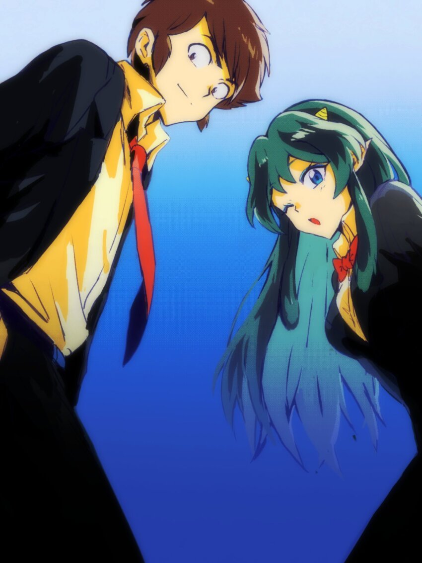 1boy 1girl blue_background blue_eyes blue_jacket blue_pants bow bowtie breasts brown_hair closed_mouth collared_shirt cowboy_shot green_hair highres horns jacket leaning_forward light_blush long_hair looking_at_viewer lum male_focus medium_breasts moroboshi_ataru necktie one_eye_closed pants parted_lips pointy_ears qrhara555 red_bow red_bowtie red_necktie shirt short_hair sidelocks swept_bangs urusei_yatsura white_shirt