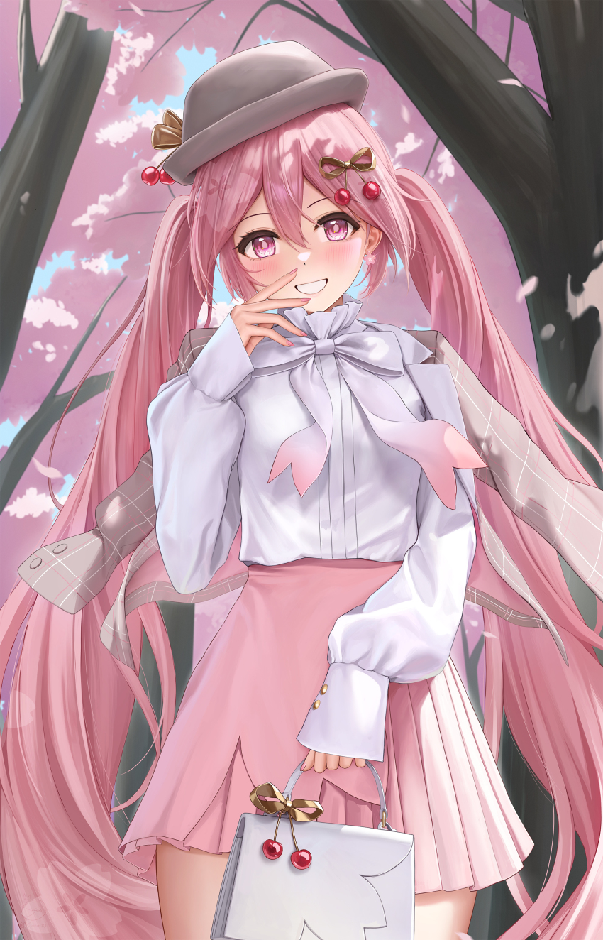 1girl absurdres bag blush breasts cherry_blossoms cherry_hair_ornament cherry_hat_ornament cowboy_shot earrings flower_earrings food-themed_hair_ornament grin hair_ornament handbag hat hatsune_miku head_tilt highres holding holding_bag jewelry keine09 long_hair long_sleeves looking_at_viewer medium_breasts miniskirt outdoors pink_eyes pink_hair pink_skirt pleated_skirt sakura_miku sakura_miku_(rella) shirt skirt sleeves_past_wrists smile solo tree twintails very_long_hair vocaloid white_bag white_shirt