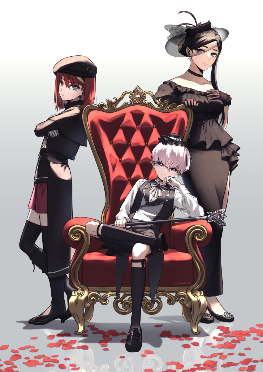 1boy 2girls absurdres alternate_costume black_boots black_hair black_hat black_shoes blonde_hair boots brown_eyes closed_mouth commentary_request crossed_arms eri_(pokemon) eyelashes green_eyes hand_on_own_chest hat highres holding long_sleeves looking_at_viewer medium_hair mela_(pokemon) mini_hat multicolored_hair multiple_girls nintendo ortega_(pokemon) pink_eyes pink_hair pokemon pokemon_sv red_hair red_petals shoes sitting smile standing suzukinoko1021 team_star throne two-tone_hair