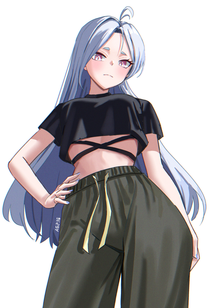 1girl a5235 ahoge black_shirt crop_top crop_top_overhang hand_on_own_hip high-waist_pants highres long_hair looking_at_viewer midriff nail_polish pants pink_eyes shirt simple_background sirian_rain solo track_pants virtual_youtuber waktaverse white_background white_hair