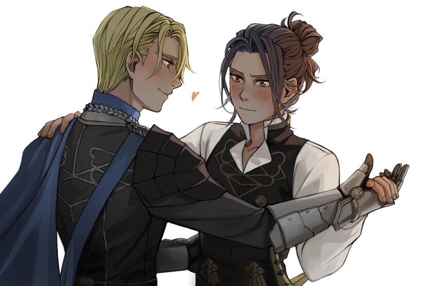 2boys arm_up armor belt black_hair black_vest blonde_hair blue_belt blue_cape blue_eyes blush brown_eyes cape chest_belt closed_mouth collarbone collared_shirt commentary dancing dimitri_alexandre_blaiddyd felix_hugo_fraldarius fingernails fire_emblem fire_emblem:_three_houses hair_bun heart highres holding_hands long_sleeves male_focus multiple_boys nintendo open_collar pauldrons plaemon popped_collar shirt shoulder_armor side_cape simple_background single_pauldron smile upper_body vest white_background white_shirt yaoi