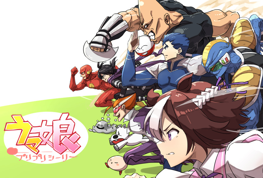 1girl 6+boys absurdres animal_ears armor bald black_hair black_shirt blue_hair blue_skin bodysuit brown_hair burter character_request clenched_teeth colored_skin commentary copyright_name copyright_request crossover cu_chulainn_(fate) cu_chulainn_(fate/stay_night) dc_comics dragon_ball dragon_quest dragonball_z electrode_(pokemon) fate/stay_night fate_(series) highres hinode_makibaoo holding holding_weapon horse horse_ears jacket liquid_metal_slime_(dq) long_hair multicolored_hair multiple_boys muscular muscular_male nintendo one-punch_man open_mouth oshiri_seijin pants pokemon pokemon_(creature) purple_eyes purple_jacket purple_pants running rurouni_kenshin scarf scouter scryed senkaku_(rurouni_kenshin) senkou_no_flash shadow shirt short_hair shoulder_armor sideways_mouth smile special_week_(umamusume) straight_cougar streaked_hair sunglasses taiyou_no_makibaoo teeth the_flash umamusume weapon white_jacket