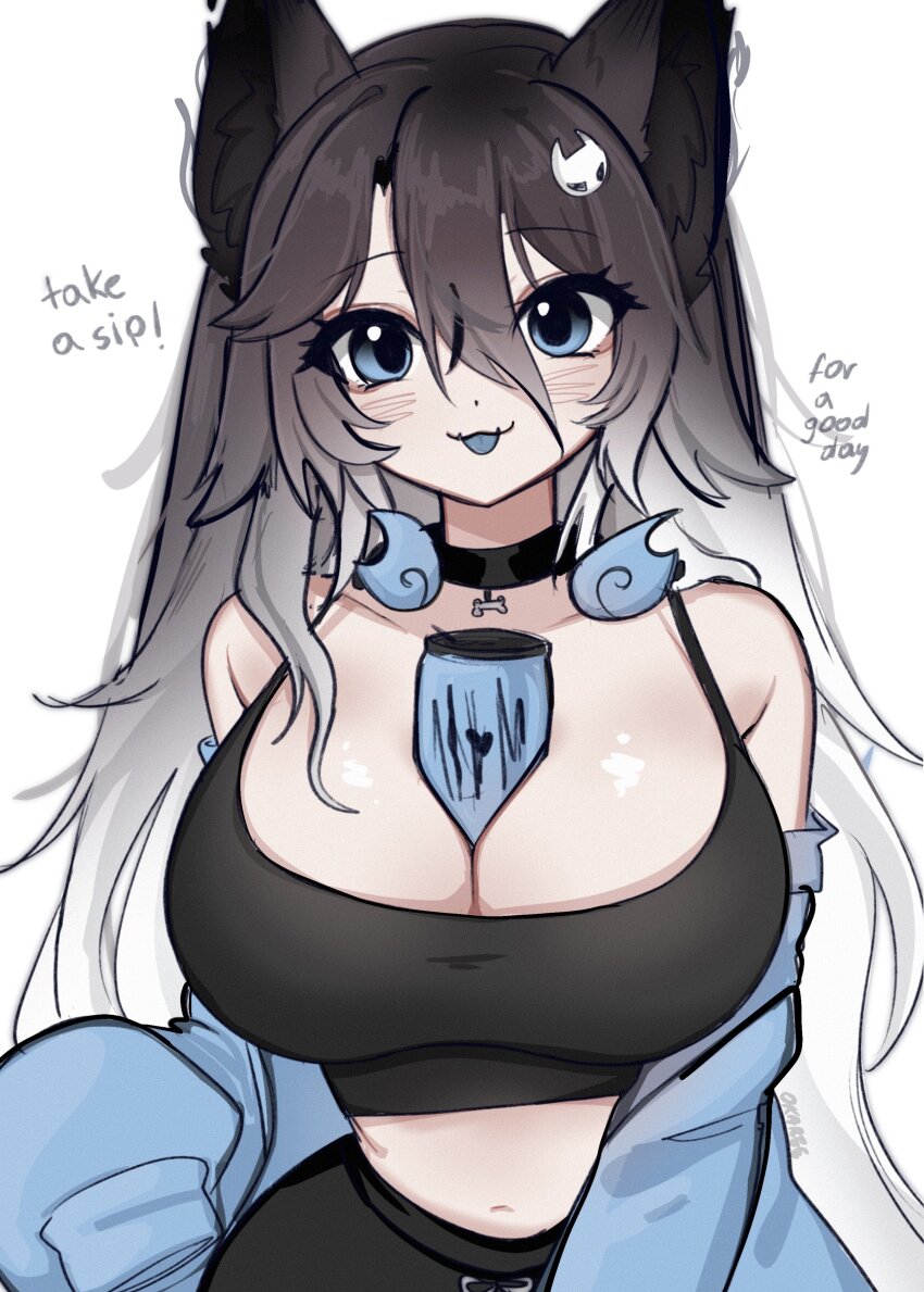 1girl absurdres animal_ears bare_shoulders black_choker black_tank_top blue_eyes blue_jacket blue_tongue blush breasts can can_between_breasts choker colored_tongue commentary cowboy_shot double-parted_bangs drink_can english_commentary english_text gradient_hair grey_hair hair_between_eyes hair_ornament heart heart_in_eye highres indie_virtual_youtuber jacket jacket_partially_removed large_breasts long_hair looking_at_viewer midriff multicolored_hair narrow_waist okariin okariin_(vtuber) simple_background smile solo symbol_in_eye tank_top tongue tongue_out virtual_youtuber white_background wolf_ears wolf_girl