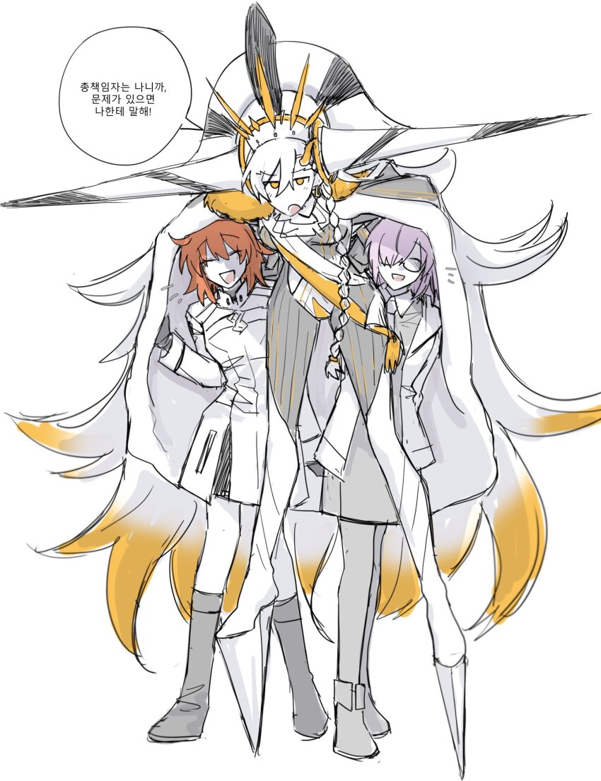 3girls ascot blush bodysuit boots braid cape closed_eyes fate/grand_order fate_(series) fujimaru_ritsuka_(female) fujimaru_ritsuka_(female)_(decisive_battle_chaldea_uniform) glasses hair_over_one_eye highres horns jacket korean_text limited_palette long_hair mash_kyrielight multiple_girls necktie official_alternate_costume olga_marie_animusphere one_eye_covered open_clothes open_jacket open_mouth orange_hair purple_hair short_hair simple_background single_horn smile speech_bubble translation_request u-olga_marie very_long_hair white_background xs0z05wxzb52697 yellow_eyes yellow_horns