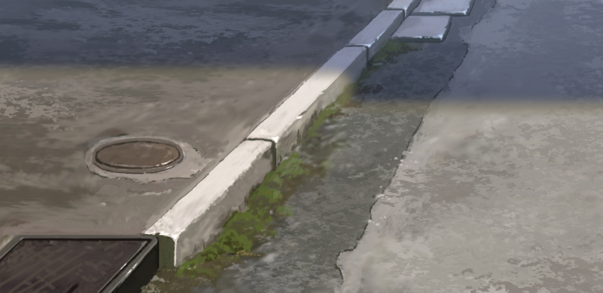 day grate moss no_humans original outdoors road scenery sewer_grate shade sumassha_t_t water