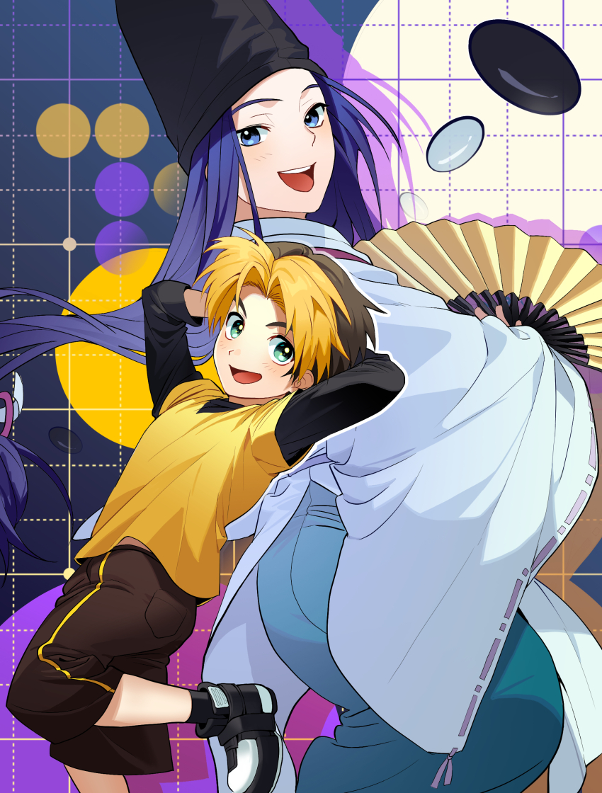 2boys absurdres arms_behind_head arms_up black_shirt black_shorts blonde_hair blue_eyes blue_hair board_game brown_hair commentary fujiwara_no_sai go_(board_game) grid_background hand_fan hashtag-only_commentary hat highres hikaru_no_go japanese_clothes kariginu kimono layered_clothes layered_sleeves long_hair long_sleeves looking_to_the_side male_focus multicolored_footwear multicolored_hair multiple_boys open_mouth shindou_hikaru shirt shoes short_over_long_sleeves short_sleeves shorts sneakers standing standing_on_one_leg striped_clothes striped_shorts tate_eboshi teeth tosi_0604 two-tone_hair upper_teeth_only vertical-striped_clothes vertical-striped_shorts white_kimono wide_sleeves yellow_shirt
