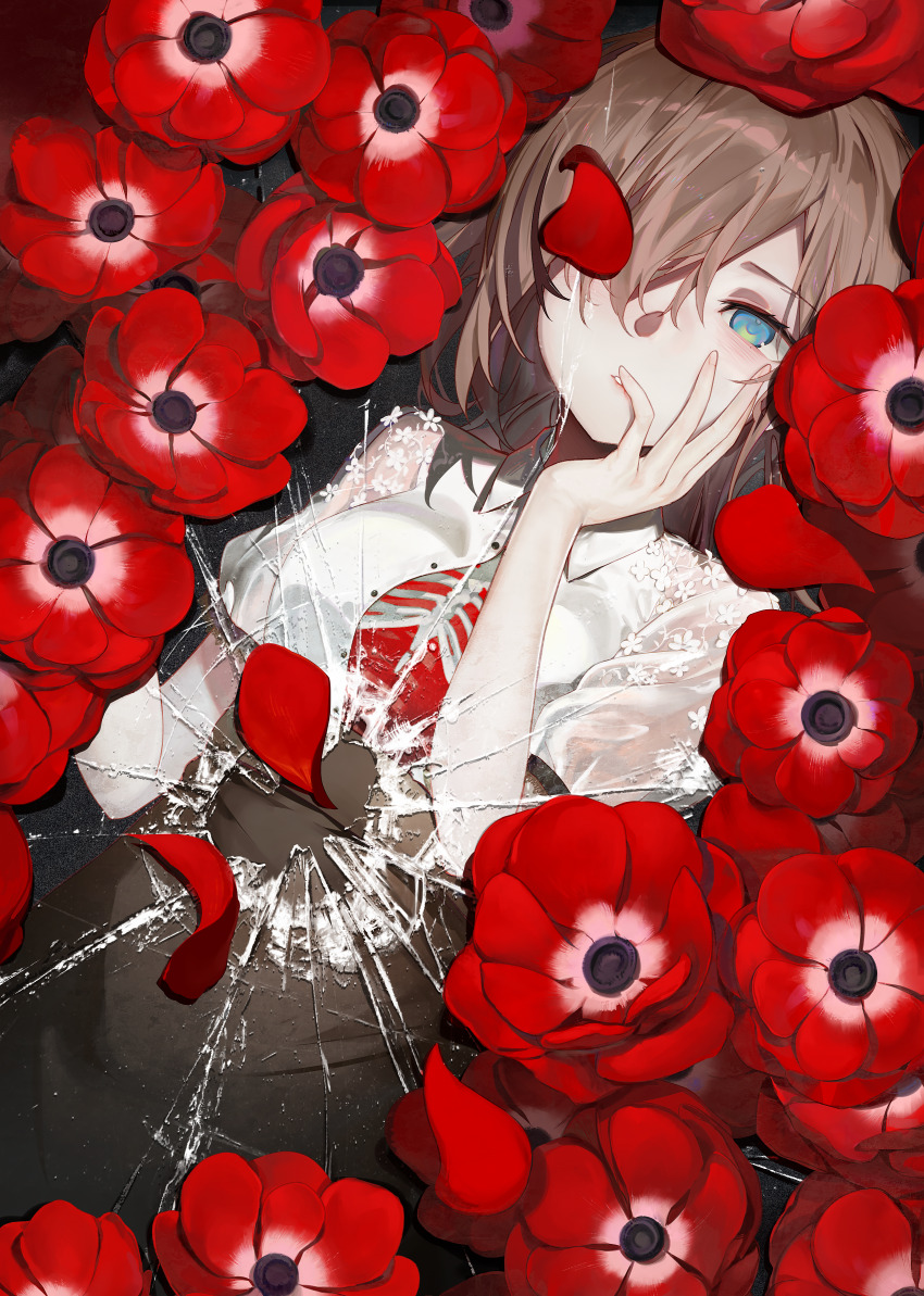1girl absurdres amano_(amn_amn) anemone_(flower) black_skirt blue_eyes bone broken_glass brown_hair collared_shirt commentary_request cowboy_shot flower glass hair_over_one_eye hand_on_own_cheek hand_on_own_face high-waist_skirt highres long_sleeves looking_at_viewer medium_hair one_eye_covered open_clothes open_shirt original parted_lips petals red_flower red_petals ribs shirt short_sleeves skirt solo white_shirt