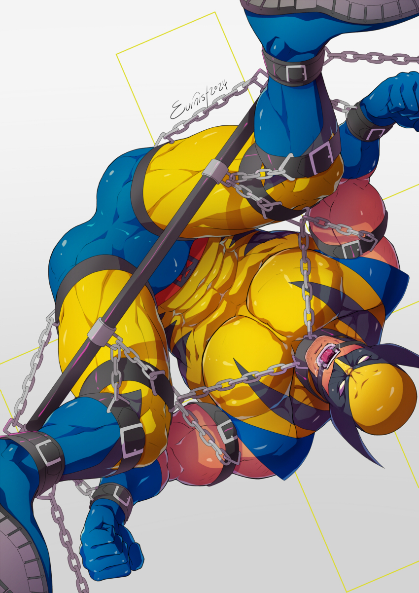1boy artist_name bara blue_gloves bodysuit boots bound bound_ankles bound_arms bound_legs bound_wrists bulge chain chained clenched_hands evinist gagged gloves highres large_pectorals male_focus marvel mask muscular muscular_male pectorals restrained solo spread_legs wolverine_(x-men) x-men yellow_bodysuit