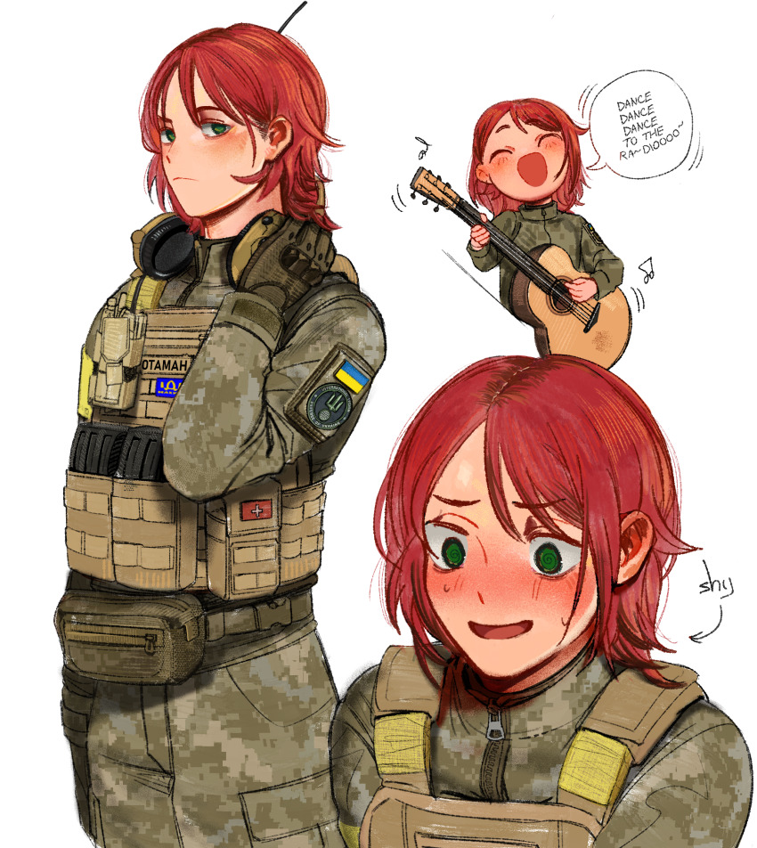 1boy acoustic_guitar ammunition ammunition_pouch androgynous armband blush bulletproof_vest chibi commentary commission commissioner_upload cyrillic english_commentary frown gloves green_eyes guitar hand_on_headphones headphones headphones_around_neck highres holding holding_guitar holding_instrument idi_nahui instrument international_legion_of_ukraine kenneth_del_duca long_hair long_sleeves looking_at_viewer male_focus military_combat_uniform military_fatigues military_uniform multiple_views music non-web_source open_mouth original playing_guitar playing_instrument pouch red_hair reference_sheet russo-ukrainian_war singing soldier speech_bubble switzerland transparent transparent_background trap ukraine ukrainian_flag ukrainian_text usergore walkie-talkie war yellow_armband