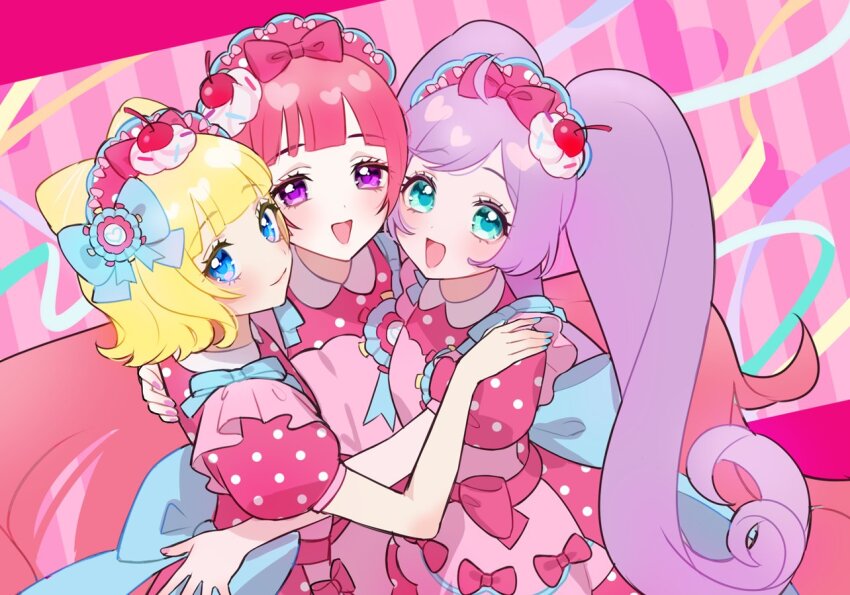 3girls :d blonde_hair blue_bow blue_eyes blush bow bow-shaped_hair cherry_hair_ornament commentary dress dress_bow food-themed_hair_ornament frilled_dress frills green_eyes hair_bow hair_ornament hands_on_another&#039;s_shoulders heads_together hojo_sophy idol long_hair looking_at_viewer maid_headdress manaka_laala minami_mirei multiple_girls nanceee_305 open_mouth pink_background pink_bow pink_dress polka_dot polka_dot_dress pretty_series pripara purple_hair red_eyes red_hair sash short_sleeves smile straight_hair symbol-only_commentary tareme twintails upper_body