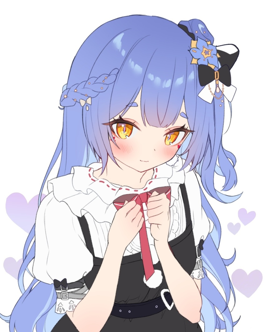 1girl azusa_(vtuber) virtuareal_link black_dress blue_flower blue_hair braid dress flower frilled_shirt frills hair_flower hair_ornament hands_on_own_chest highres looking_at_viewer nijisanji onayano orange_eyes pinafore_dress red_ribbon ribbon shirt sleeveless sleeveless_dress solo upper_body virtual_youtuber virtuareal white_background white_dress white_shirt