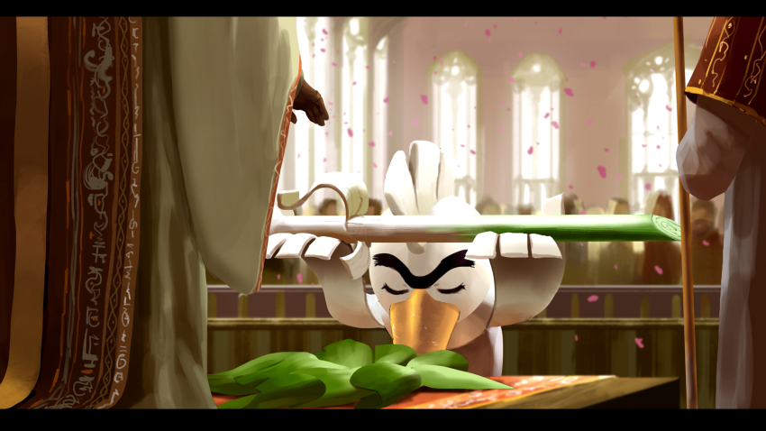 6+others animal_focus autism_wanderer bad_id bad_pixiv_id bird closed_eyes commentary_request crowd duck food gen_8_pokemon highres holding holding_food holding_spring_onion holding_vegetable indoors leaning_forward letterboxed multiple_others nintendo petals pokemon pokemon_(creature) pokemon_swsh shield sirfetch&#039;d solo_focus spring_onion standing unibrow vegetable weapon