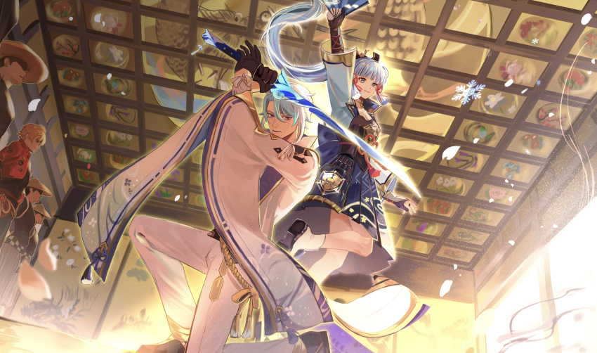 1girl 2boys absurdres arm_up armor arms_behind_back arms_up ayaka_(genshin_impact) black_armor black_footwear black_gloves black_headband black_shirt blonde_hair blue_eyes blue_hair blue_jacket blue_skirt blunt_bangs blunt_tresses blurry breastplate brother_and_sister chinese_knot closed_mouth depth_of_field dou falling_petals flower_knot folding_fan genshin_impact gloves gold_choker gold_trim green_eyes hair_between_eyes hair_ornament hair_ribbon hand_fan haran_geppaku_futsu_(genshin_impact) headband highres holding holding_fan holding_sword holding_weapon indoors jacket japanese_armor kamisato_ayato kamisato_clan_(emblem) kass_(jtsp0) kote kusazuri long_hair long_sleeves looking_ahead looking_at_viewer mole mole_under_mouth multiple_boys neck_tassel on_one_knee pants partially_fingerless_gloves people petals pink_petals pink_ribbon ponytail purple_eyes red_jacket ribbon ribbon-trimmed_sleeves ribbon_trim shirt shoes siblings skirt smile snowflakes socks standing standing_on_one_leg sword tassel thoma_(genshin_impact) tress_ribbon weapon white_jacket white_pants white_socks wide_sleeves