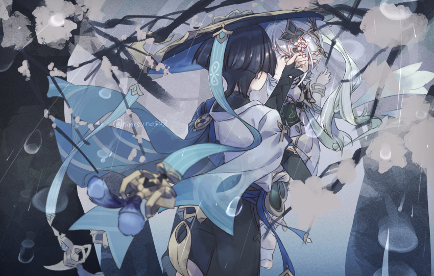 1boy 1girl anklet armlet armor belt black_belt black_bodysuit black_bridal_gauntlets black_hair black_shorts blue_belt blue_cape blue_hat blunt_ends bodysuit bracelet bridal_gauntlets cape carrying carrying_person closed_mouth cross-shaped_pupils detached_sleeves dress flower forest fringe_trim furisode genshin_impact gold gold_ring green_cape green_eyes green_hair green_sleeves hair_flower hair_ornament hand_in_another&#039;s_hair hand_up hat hetero highres japanese_armor japanese_clothes jewelry jingasa kimono kote kurokote looking_at_another middle_ring multicolored_hair nahida_(genshin_impact) nature ninisunosu2 outdoors pink_flower rain scaramouche_(genshin_impact) shorts side_ponytail sidelocks sitting_on_arm stirrup_footwear streaked_hair symbol-shaped_pupils tassel twitter_username wanderer_(genshin_impact) white_dress white_footwear white_hair white_kimono