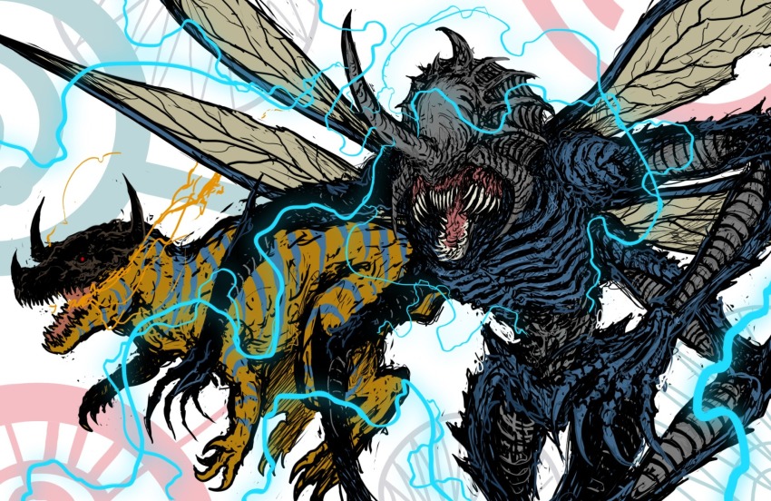 bug digimon digimon_(creature) digimon_adventure digimon_adventure:_bokura_no_war_game exoskeleton greymon highres horns kabuterimon rhinoceros_beetle sharp_teeth teeth wings