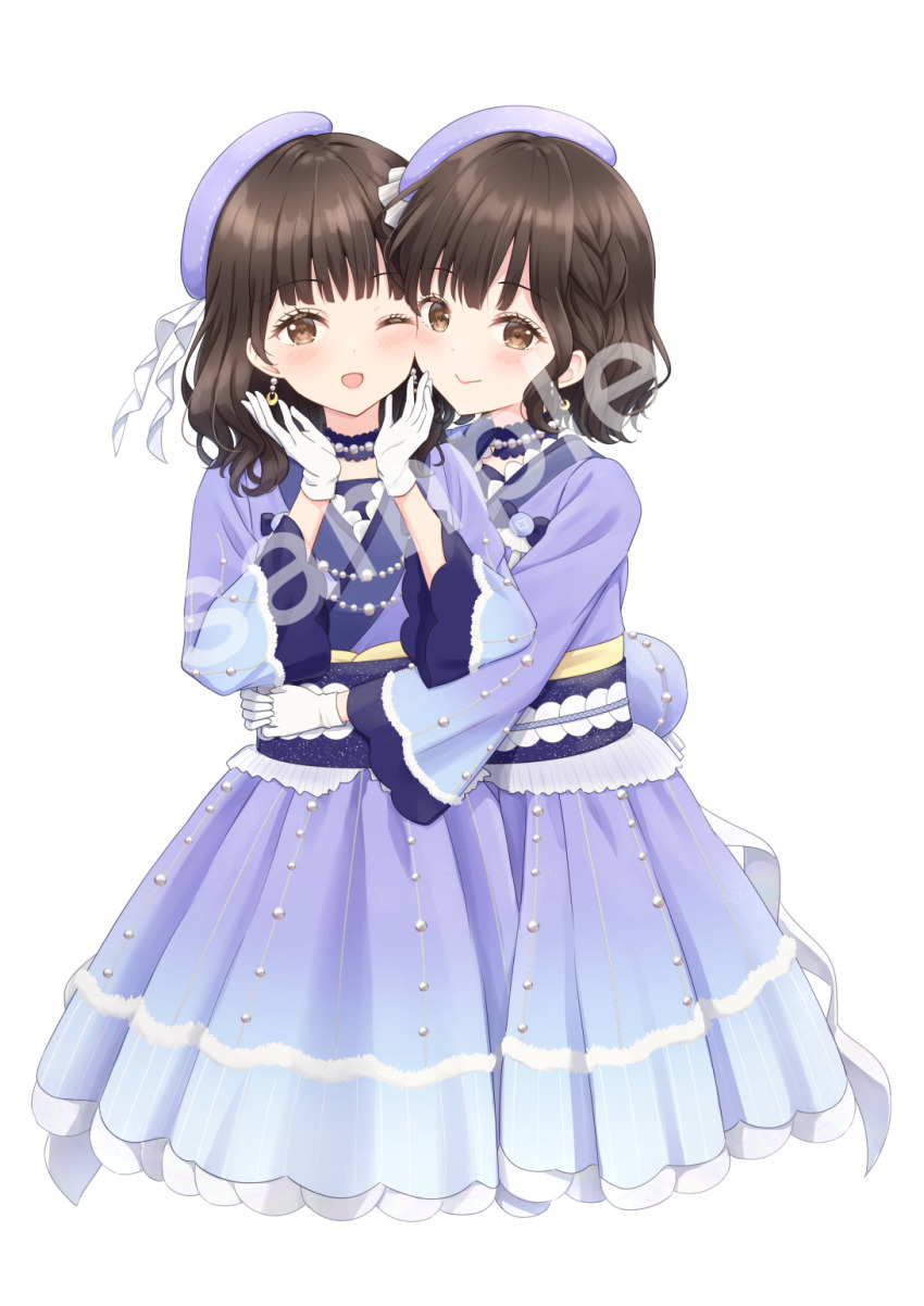 2girls ;d animification beret blue_skirt blunt_bangs blush braid brown_eyes brown_hair closed_mouth commentary_request crescent crescent_earrings earrings flower_stand_art gloves hanazora_satsuki hat highres hug japanese_clothes jewelry kimono link!_like!_love_live! long_sleeves love_live! love_live!_series_asia_tour_2024 medium_hair medium_skirt multiple_girls nirei_nozomi one_eye_closed open_mouth purple_hat purple_kimono purple_skirt real_life sakurai_hina sample_watermark side_braid sidelocks simple_background skirt smile tilted_headwear tsukuyomi_kurage voice_actor watermark wavy_hair white_background white_gloves