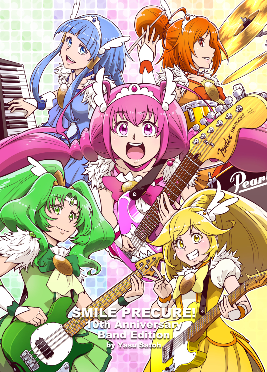 5girls :d ahoge anniversary aoki_reika artist_name bass_guitar blonde_hair blouse blue_bow blue_bowtie blue_choker blue_eyes blue_hair blue_shirt blue_skirt bow bowtie choker commentary copyright_name cure_beauty cure_happy cure_march cure_peace cure_sunny drum drum_set drumsticks electric_guitar english_commentary fur-trimmed_sleeves fur_trim green_bow green_bowtie green_choker green_eyes green_hair green_shirt green_skirt grin guitar hair_bun hair_ornament highres hino_akane_(smile_precure!) holding holding_bass_guitar holding_drumsticks holding_instrument hoshizora_miyuki instrument keyboard_(instrument) kise_yayoi looking_at_viewer magical_girl midorikawa_nao miniskirt multiple_girls music open_mouth orange_bow orange_bowtie orange_choker orange_eyes orange_hair orange_shirt orange_skirt pink_bow pink_bowtie pink_choker pink_eyes pink_hair pink_shirt playing_instrument pleated_skirt ponytail precure puffy_short_sleeves puffy_sleeves satou_yasu shirt short_sleeves sidelocks sitting skirt smile smile_precure! standing tiara twintails two_side_up v white_headwear wing_hair_ornament wrist_cuffs yellow_bow yellow_bowtie yellow_choker yellow_eyes yellow_shirt yellow_skirt