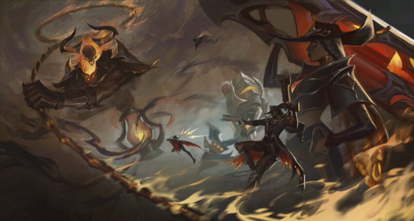 armor axe battle black_coat black_hair black_jacket black_pants bridal_gauntlets chaps coat cowboy_hat dark-skinned_female dark-skinned_male dark_skin dreadlocks dual_wielding earrings fire flaming_skull from_side gun hand_on_own_hip hand_up handgun hat high_noon_(league_of_legends) high_noon_lucian high_noon_senna high_noon_sion high_noon_thresh highres holding holding_axe holding_lasso horns huge_weapon jacket jewelry kgynh lapels lasso league_of_legends long_hair lucian_(league_of_legends) monster oil_lamp open_clothes open_coat over_shoulder pants rifle senna_(league_of_legends) sion sion_(league_of_legends) skull thresh_(league_of_legends) weapon weapon_over_shoulder wide_brim yellow_eyes