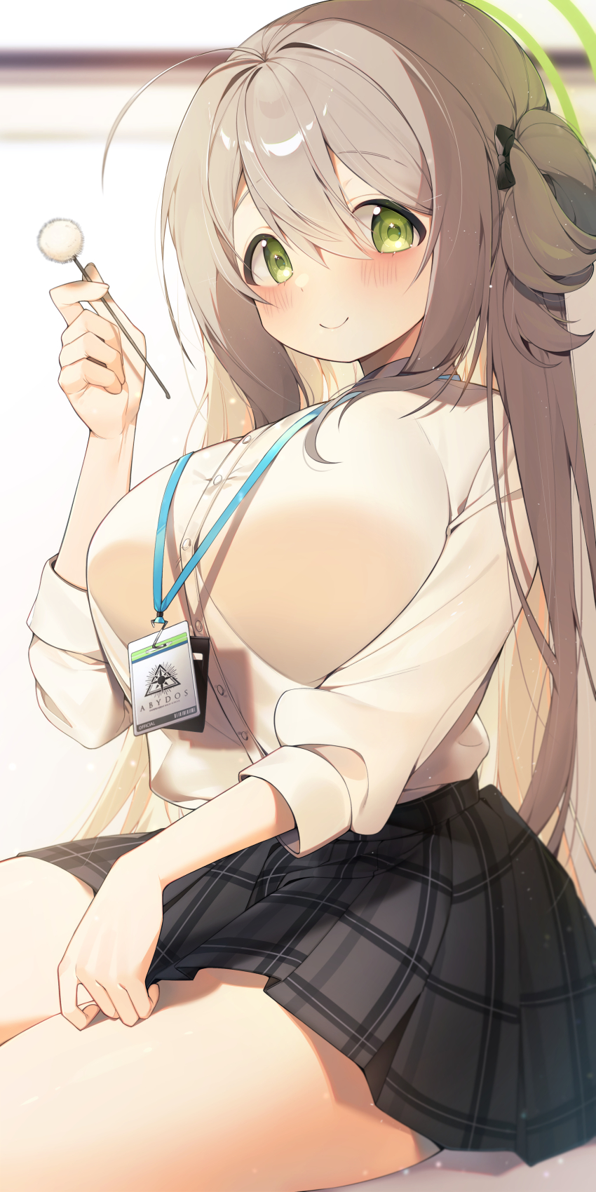1girl absurdres black_skirt blue_archive blush breasts brown_hair closed_mouth commentary green_eyes hair_between_eyes halo highres large_breasts long_hair looking_at_viewer mimikaki name_tag nonomi_(blue_archive) pleated_skirt sen_light shirt sitting skirt smile solo thighs white_shirt