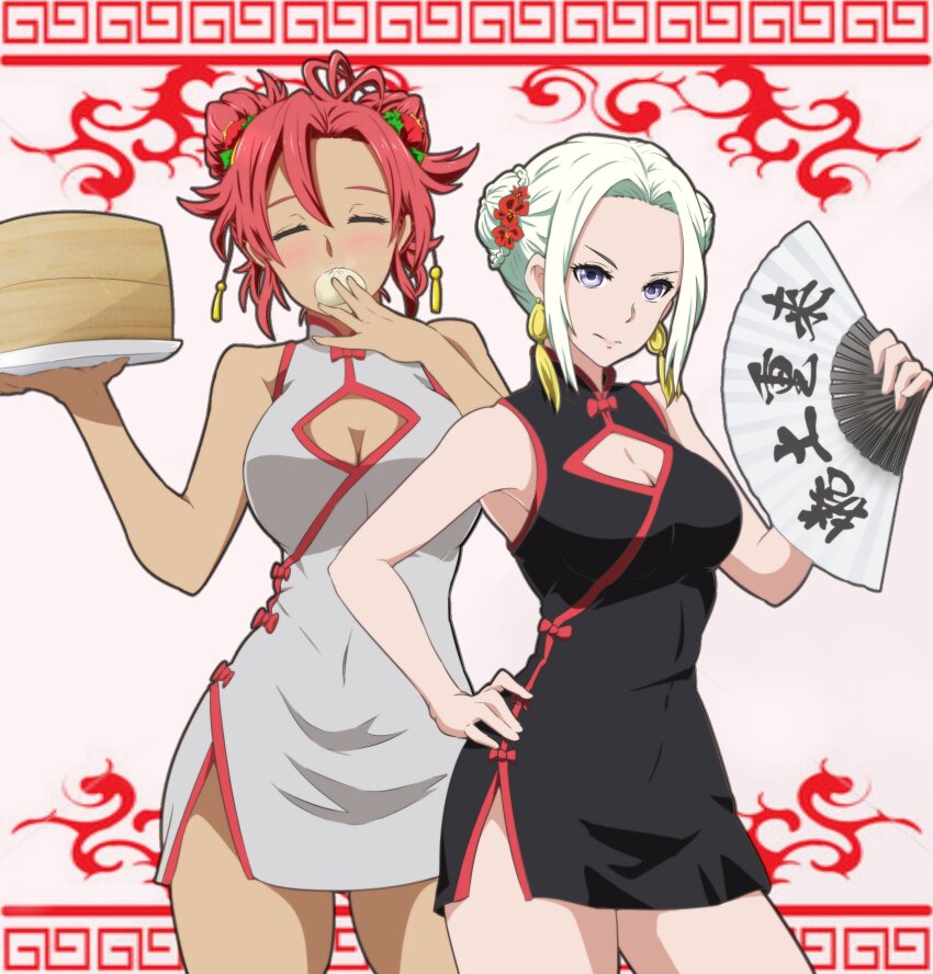 2girls alternate_costume alternate_hairstyle black_dress blush breasts china_dress chinese_clothes cleavage cleavage_cutout closed_eyes closed_mouth clothing_cutout commentary_request dark-skinned_female dark_skin double_bun dress dumpling earrings edelgard_von_hresvelg fire_emblem fire_emblem:_three_houses folding_fan food grey_dress hair_bun hand_fan hand_on_own_hip hapi_(fire_emblem) highres holding holding_fan holding_plate jewelry large_breasts multiple_girls nintendo plate print_folding_fan purple_eyes red_hair red_trim short_dress sidelocks tassel tassel_earrings toshi_(toshi10416) v-shaped_eyebrows white_background white_hair