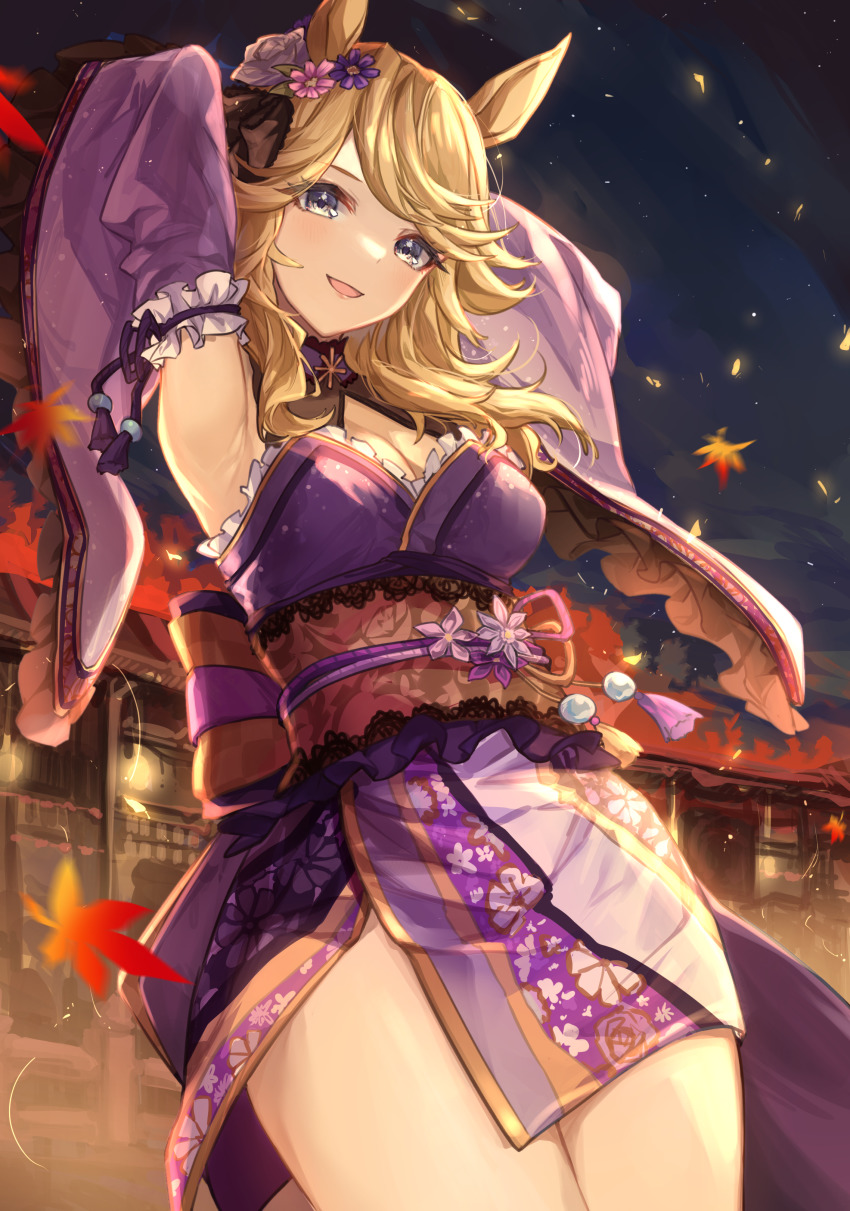 1girl absurdres animal_ears armpits arms_behind_head blonde_hair breasts building cleavage detached_sleeves falling_leaves flower gold_city_(akizakura_danzatrice)_(umamusume) gold_city_(umamusume) grey_eyes hair_flower hair_ornament highres horse_ears horse_girl japanese_clothes kimono late_autumn_the_music_echoes_(umamusume) leaf long_hair mixed-language_commentary obi official_alternate_costume open_mouth outdoors sash shino_sto solo thighs umamusume