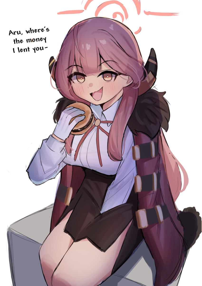1girl absurdres arm_between_legs aru_(blue_archive) blue_archive blush breasts brown_coat brown_horns burger coat coat_on_shoulders collared_shirt demon_horns eating english_text food fur-trimmed_coat fur_trim gloves hair_over_shoulder halo highres holding holding_burger holding_food horns iog626 large_breasts long_sleeves looking_at_viewer neck_ribbon open_mouth pencil_skirt pink_hair pink_halo red_ribbon ribbon shirt side_slit simple_background sitting skirt white_background white_gloves yellow_eyes