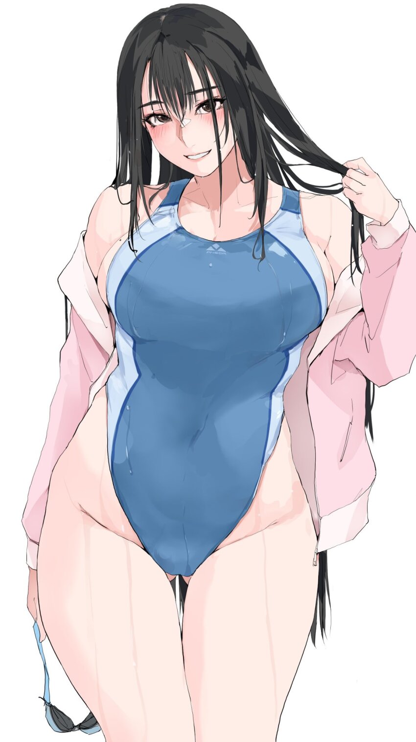 1girl bare_shoulders black_hair blue_one-piece_swimsuit blush breasts brown_eyes collarbone covered_navel grin highleg highleg_one-piece_swimsuit highres jacket large_breasts long_hair long_sleeves looking_at_viewer off_shoulder one-piece_swimsuit open_clothes open_jacket original pink_jacket smile solo swimsuit thighs zekkyon