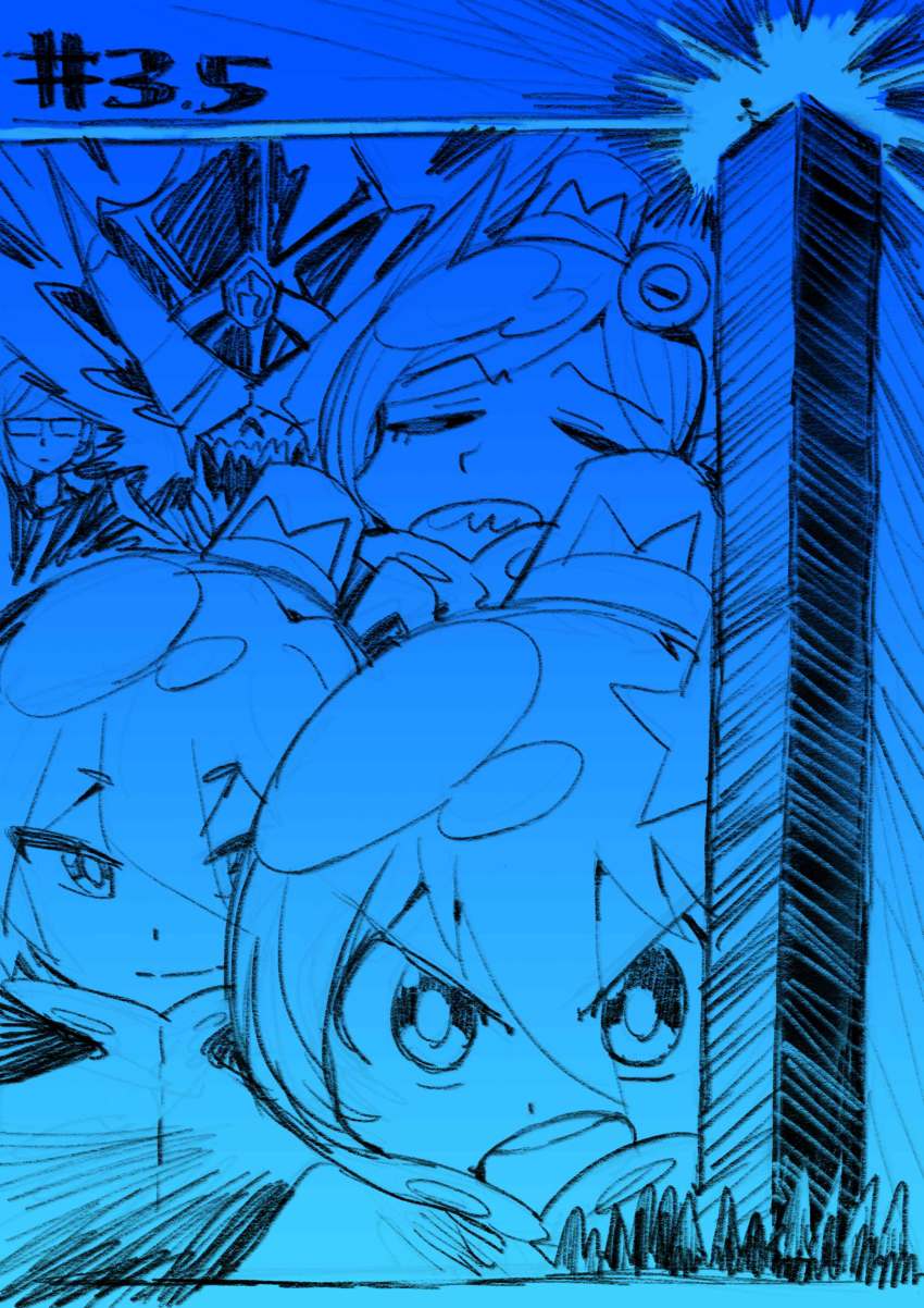 10s 2boys 3girls absurdres alpha_omega_nova blue_background bodysuit building glasses gradient_background hair_bun helmet highres imaishi_hiroyuki luluco midori_(uchuu_patrol_luluco) monochrome multiple_boys multiple_girls official_art one_side_up over_justice rotating_light secretary_(uchuu_patrol_luluco) simple_background single_hair_bun skyscraper sunglasses uchuu_patrol_luluco upper_body